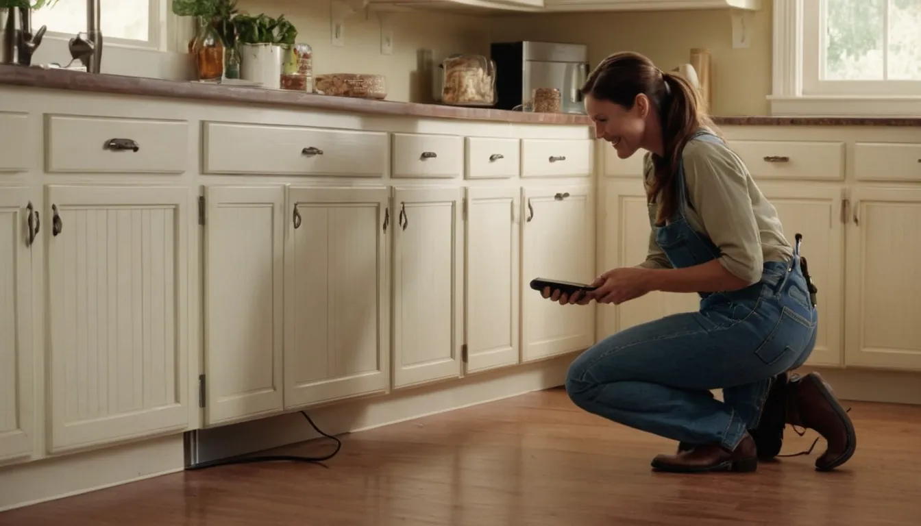 A pest control provider inspecting the baseboard of a kitchen in a San Antonio home with a homeowner nearby